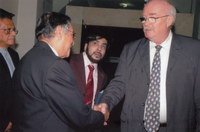 President, Lt. General (Retd) M. Nooruddin Khan, welcoming the Chief Guest, Dr. Stefan Frowein, Head of Delegation, Commission of European Communities, at the ‘All Religion Conference for Global Peace 2006’. Executive Director of the Institute, Mr. Ahmad Shafi Maqsood is seen at the middle.