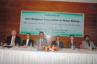 H. E. Dr. Stefan Frowein, Head of Delegation, Commission of European Communities, H. E. Mr. Paul Tschang In-Num, Ambassador of the Holy See, H. E. Mr. Pietro Ballero, Ambassador, Embassy of the Republic of Italy, Lt. General (Retd) M Nooruddin Khan, President of the Institute, Ms. Renata Dessallien, United Nations Resident Coordinator and Mr. Ahmad Shafi Maqsood, Executive Director of Institute of Hazrat Mohammad (SAW), at the Conference on ‘Inter-Religious Cooperation in Peace Making’ jointly organized by the Institute of Hazrat Mohammad (SAW) & The Embassy of the Republic of Italy.