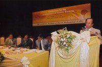 Mr. Shah Mohammed Abul Hussain, Honorable State Minister for Finance and Planning, Govt of Bangladesh, and Chief Guest of the Conference, delivering his speech at the Conference on ‘Development of Islamic Banking’ organized by the Institute of Hazrat Mohammad (SAW), at Osmani Memorial Hall, on April 25, 2005.